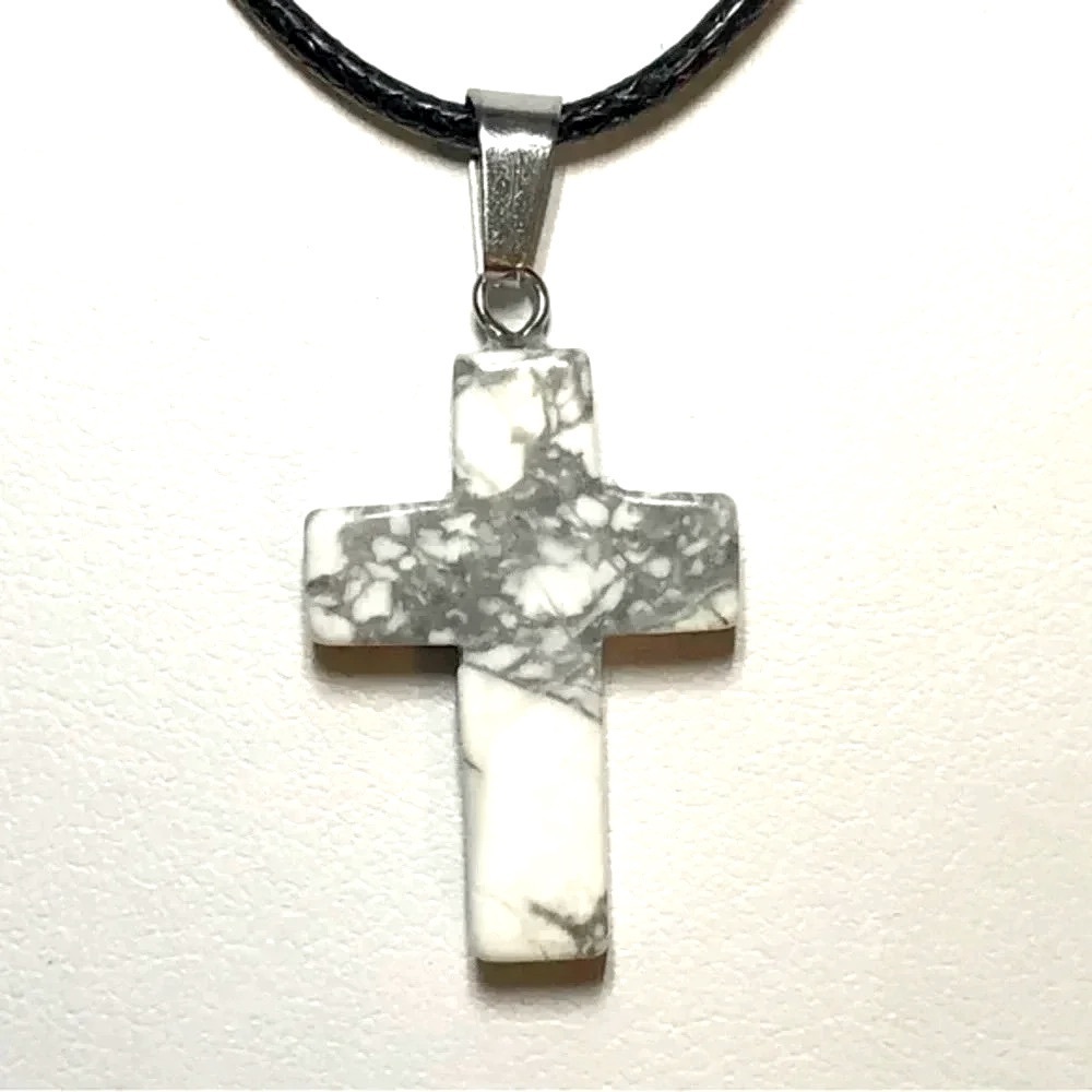 Howlite Cross Natural Braided Stainless Steel Necklace NWT